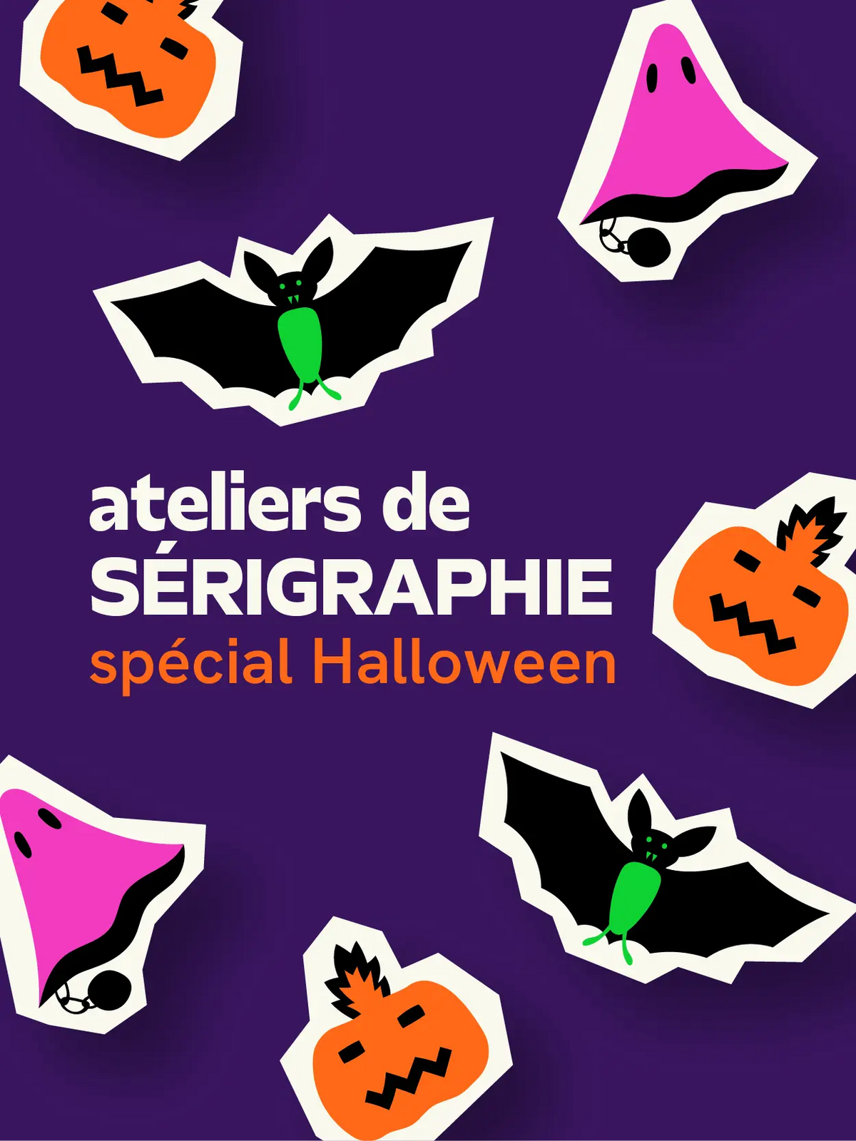 Atelier d'initiation à la sérigraphie, impression d'une guirlande Halloween – le manoir aux histoires